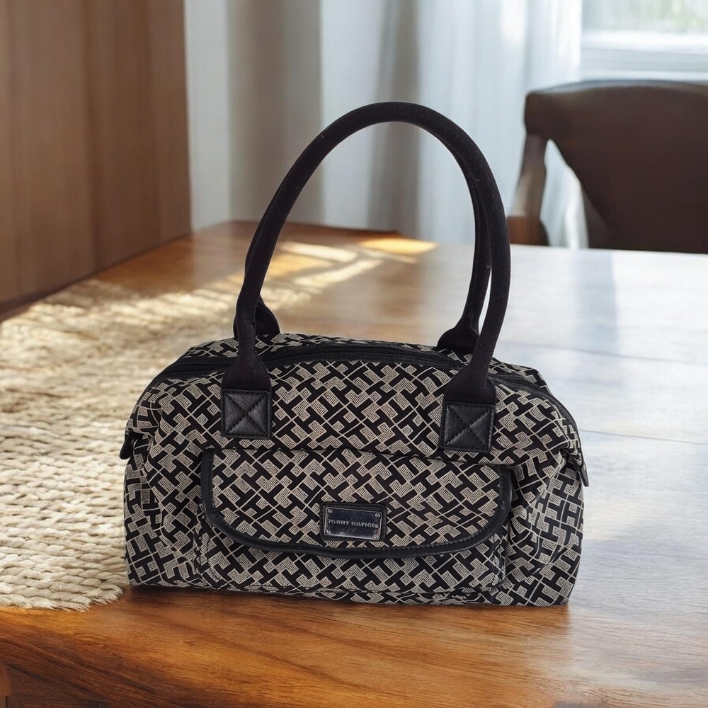 Tommy Hilfiger Monogram Jacquard Satchel, Grey Black Preppy Classic